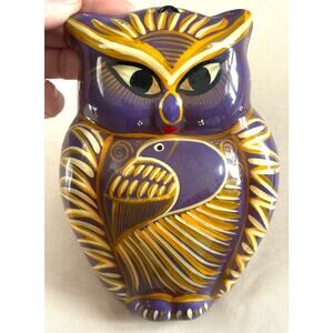 Mexican Talavera Pottery Folk Art Owl Purple Gold 7" x 5" Decor
